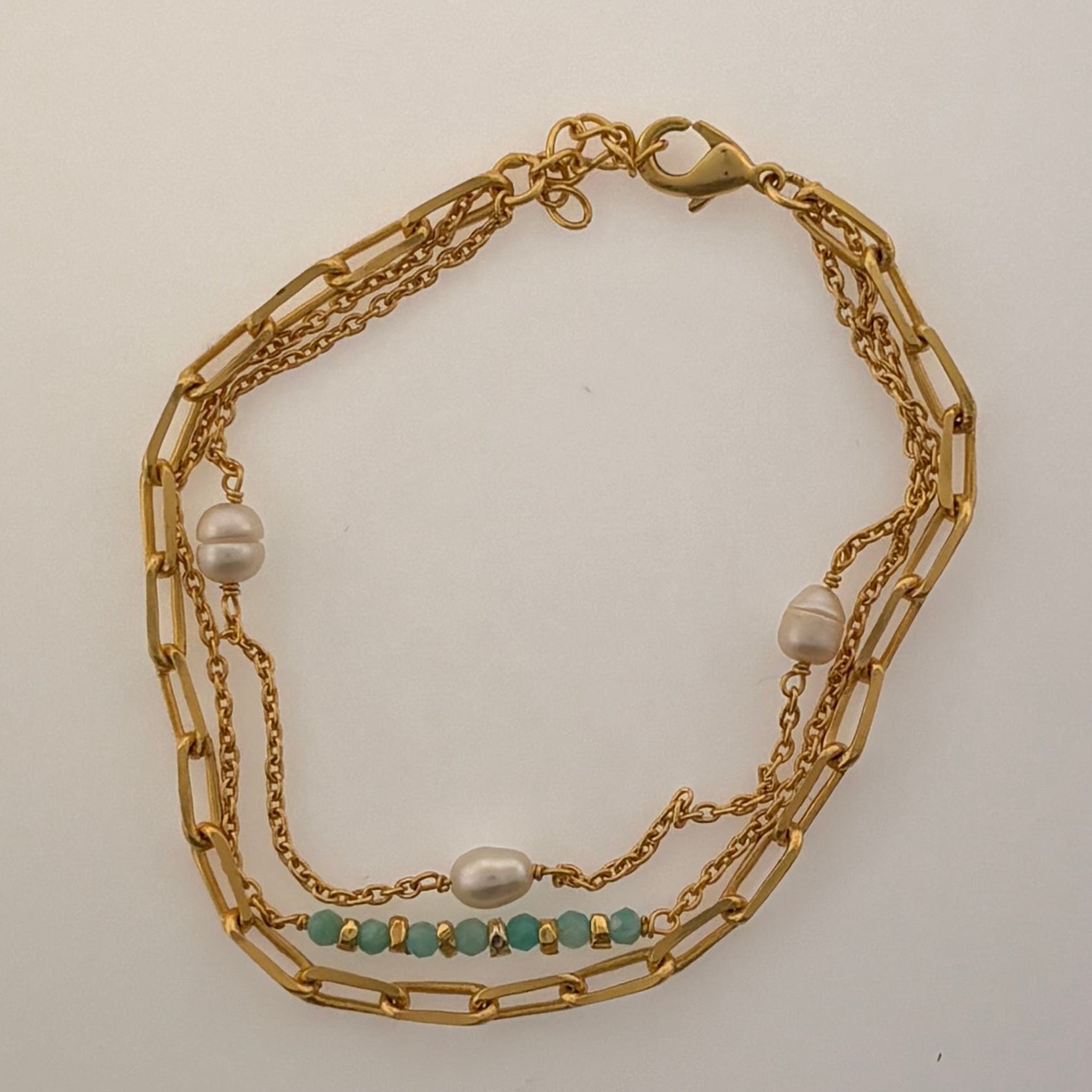 Pearl & Amazonite Gold Plated Bracelet on Brass