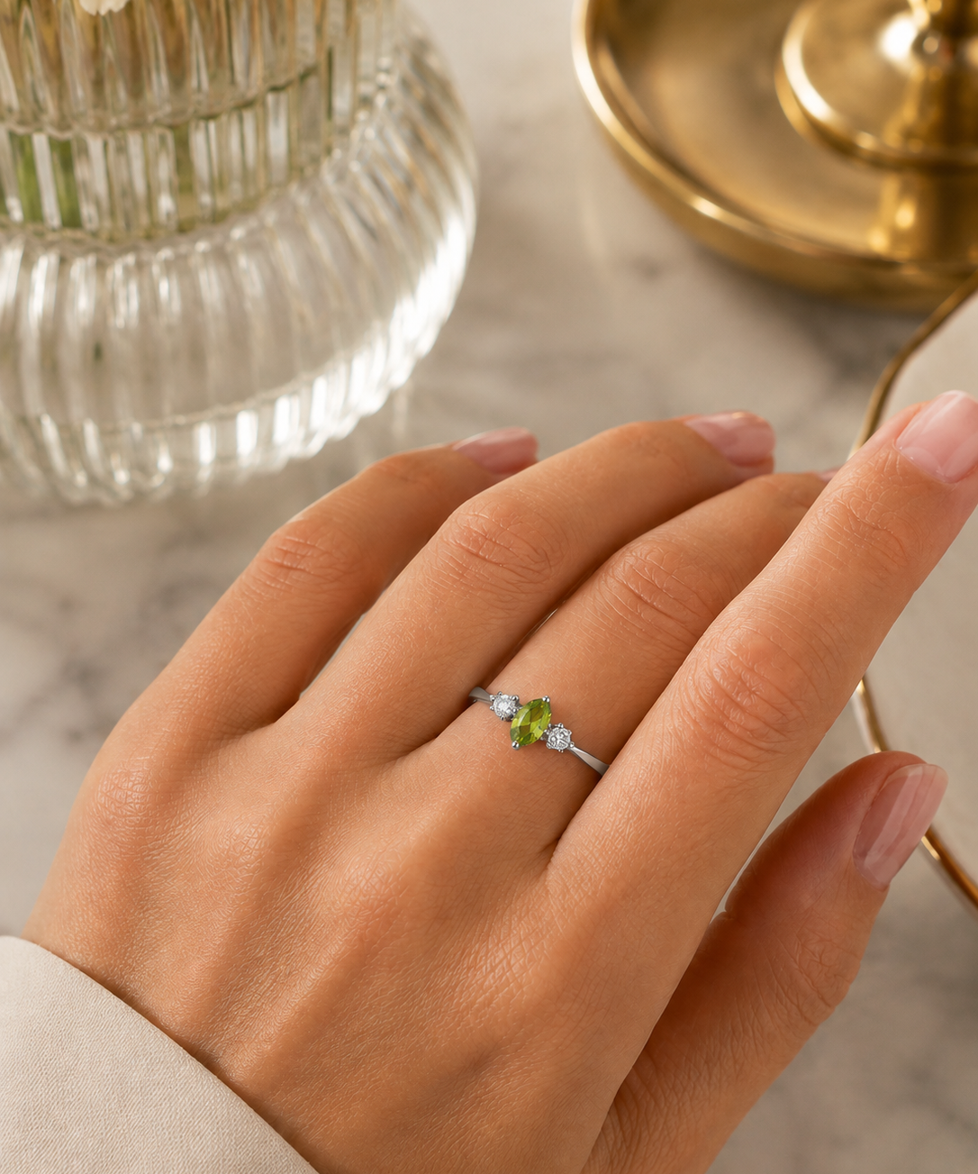 Peridot Faceted & Cubic Zirconia Ring