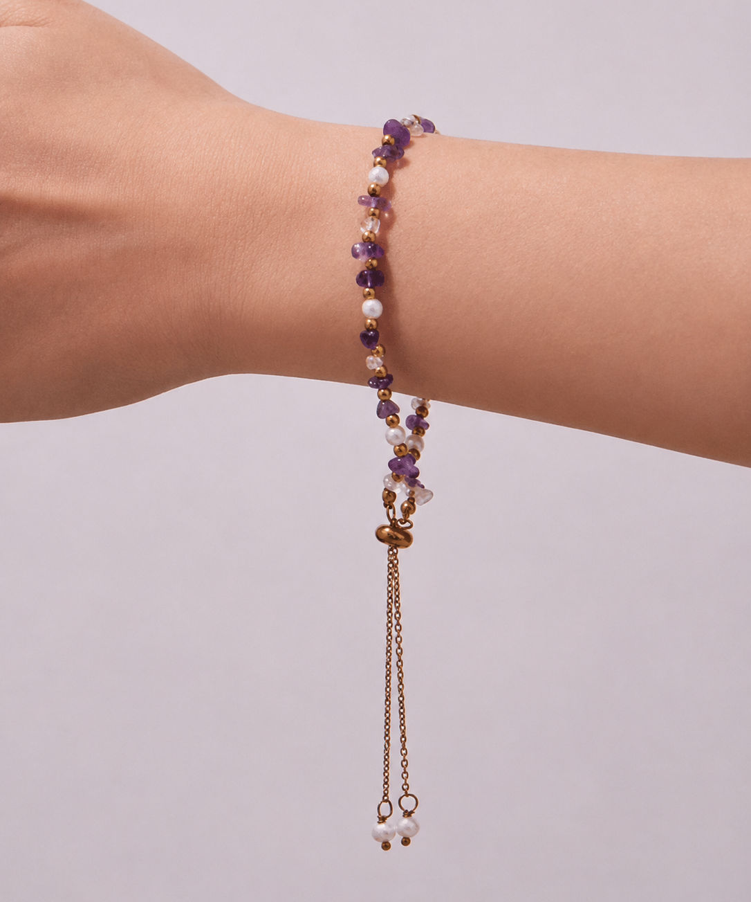 Gold Plated Stainless Steel Pearl & Amethyst Bracelet