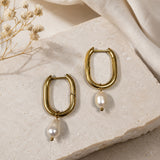 Gold Plated Stainless Steel Freshwater Pearl Oval Hoop Earrings