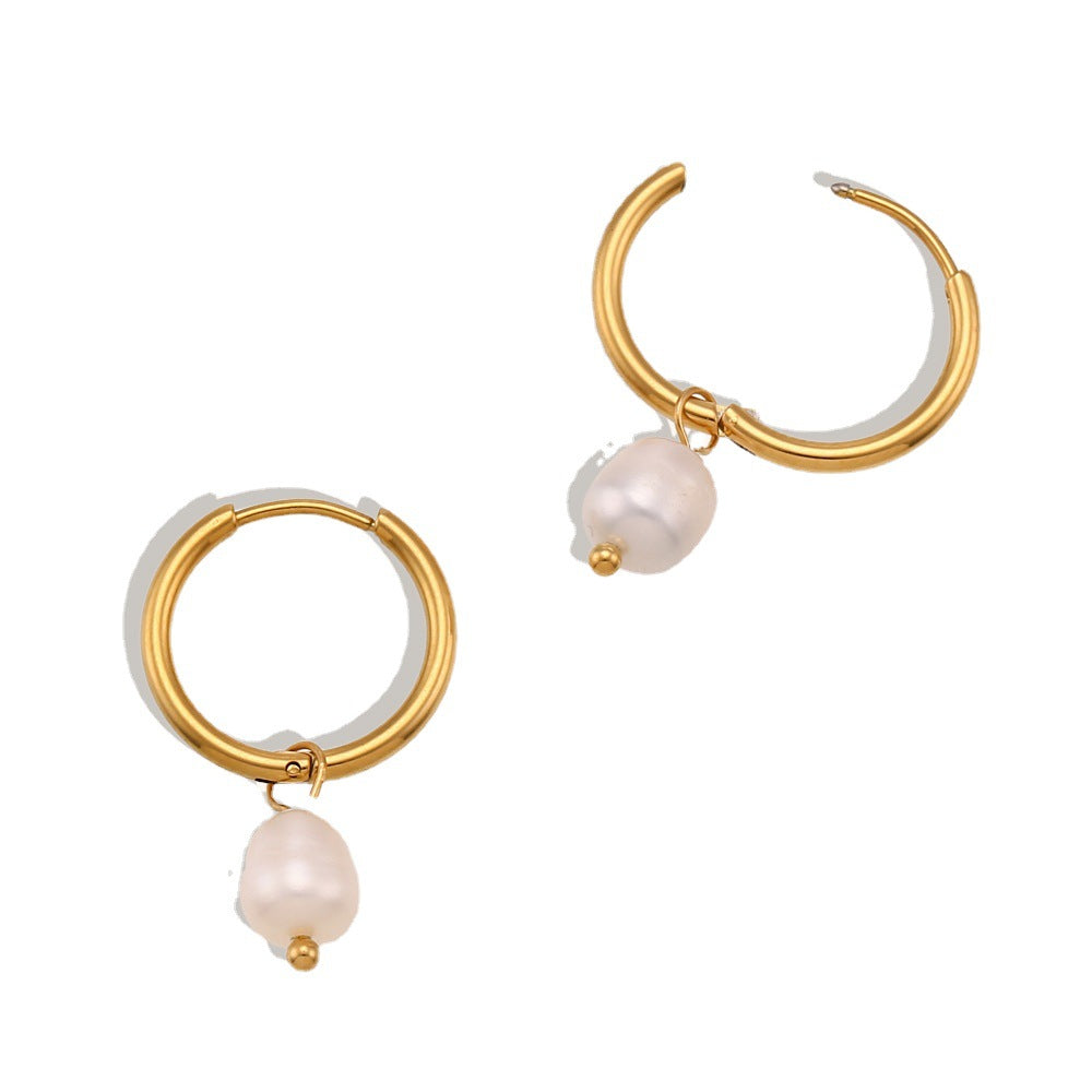 Gold Plated Stainless Steel Freshwater Pearl Hoop Earrings