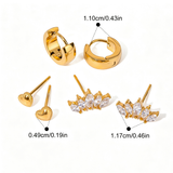 Gold Plated Stainless Steel 3-Pair Earring Set
