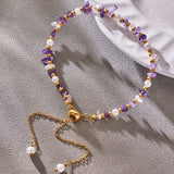 Gold Plated Stainless Steel Pearl & Amethyst Bracelet