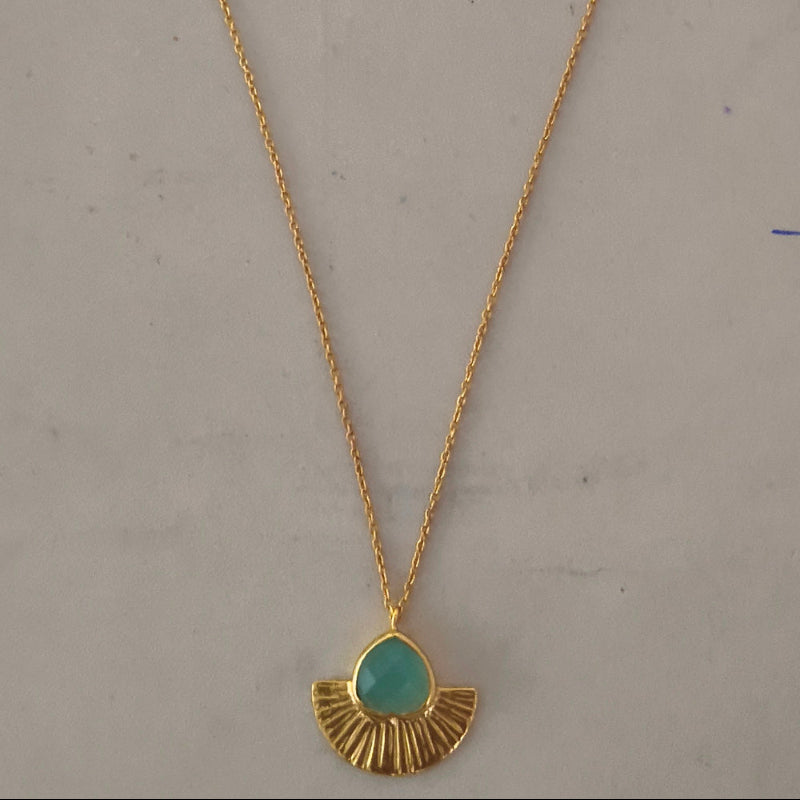 Aqua Chalcedony Heart & Fan shape Gold Plated on Brass Necklace
