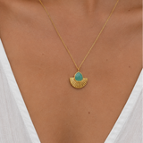 Aqua Chalcedony Heart & Fan shape Gold Plated on Brass Necklace