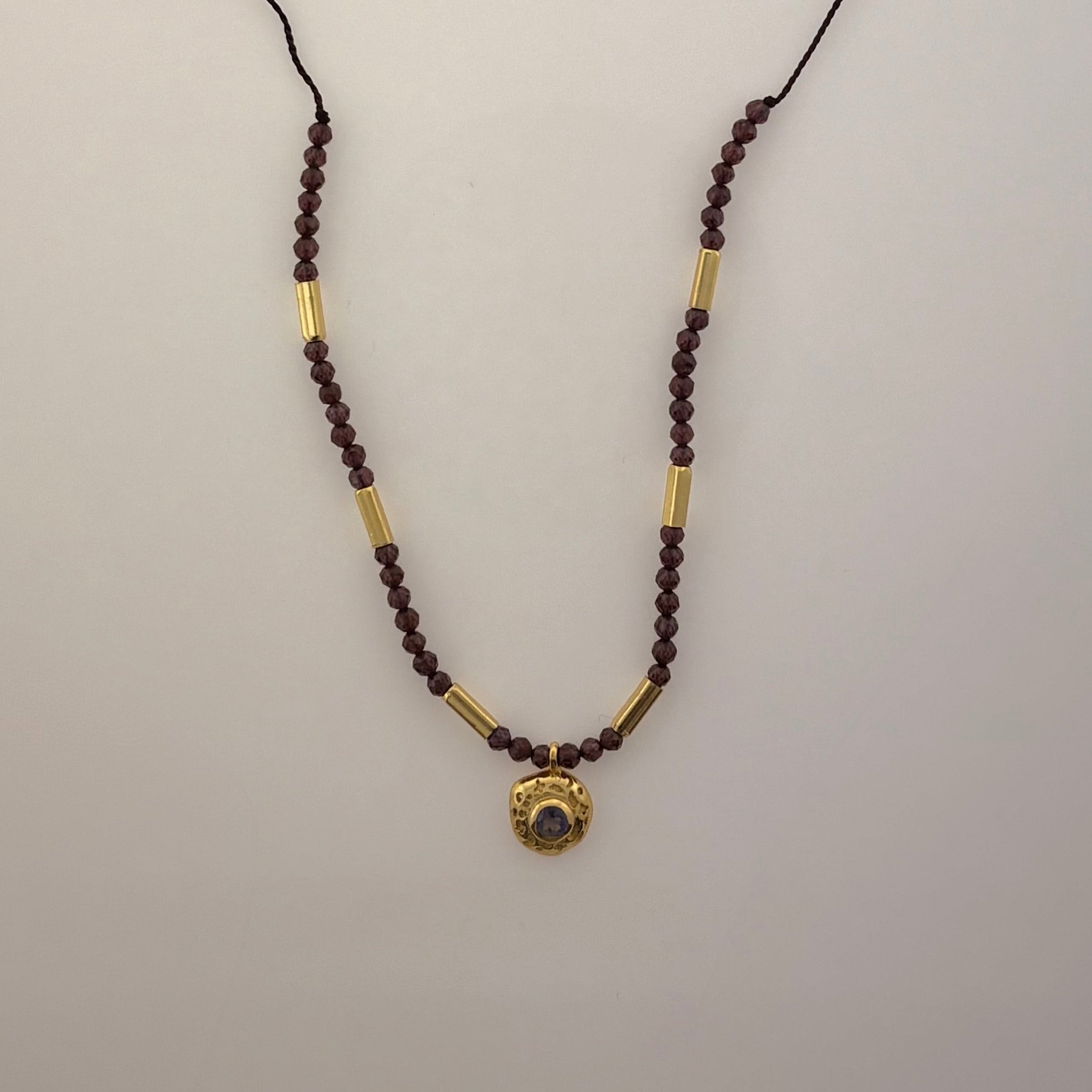 Garnet, Gold Plate on Brass Beads & Pendant with Iolite Stone String Necklace