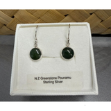 New Zealand Pounamu Sterling Silver Round Drop Earrings