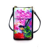 Leather Wallet / Bag with Cell Phone Pocket - Fantail and Hydrangeas