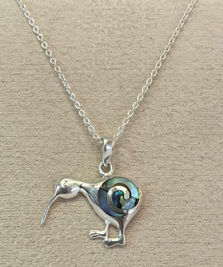 Pāua Pendant Kiwi with Spiral Sterling Silver