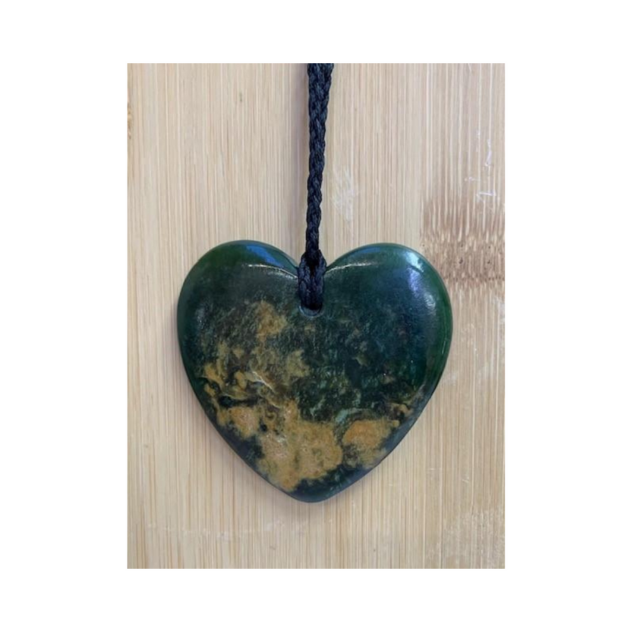 New Zealand Pounamu Heart Necklace with Six Engraved Koru