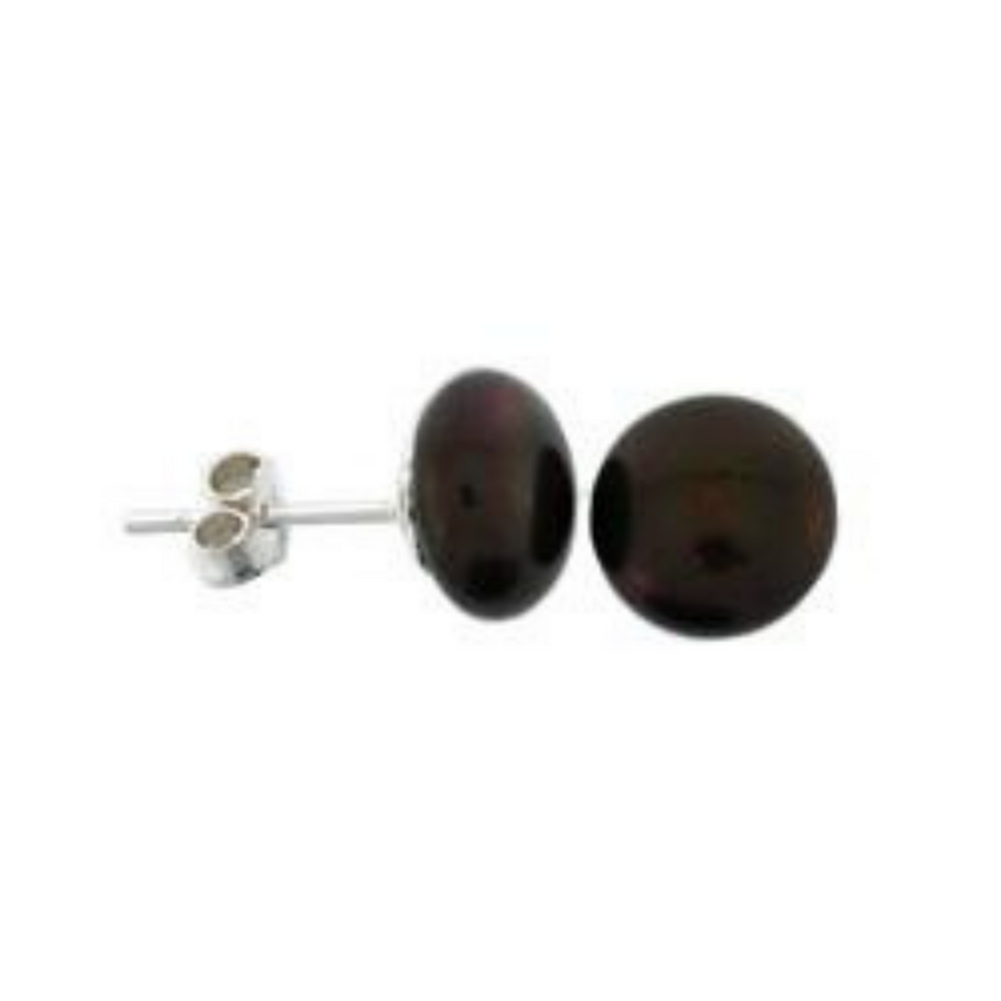 Sterling Silver Black Pearl Stud Earrings10 - 10.5mm