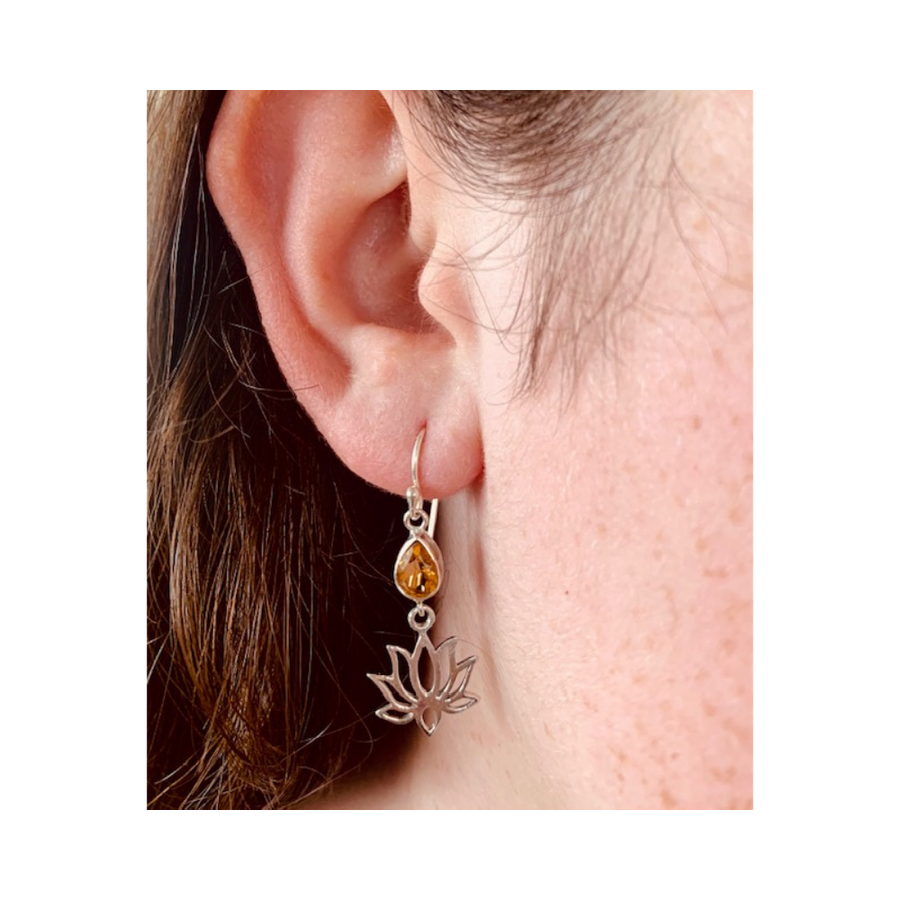 Citrine Earrings with Lotus Flower set in Sterling Silver