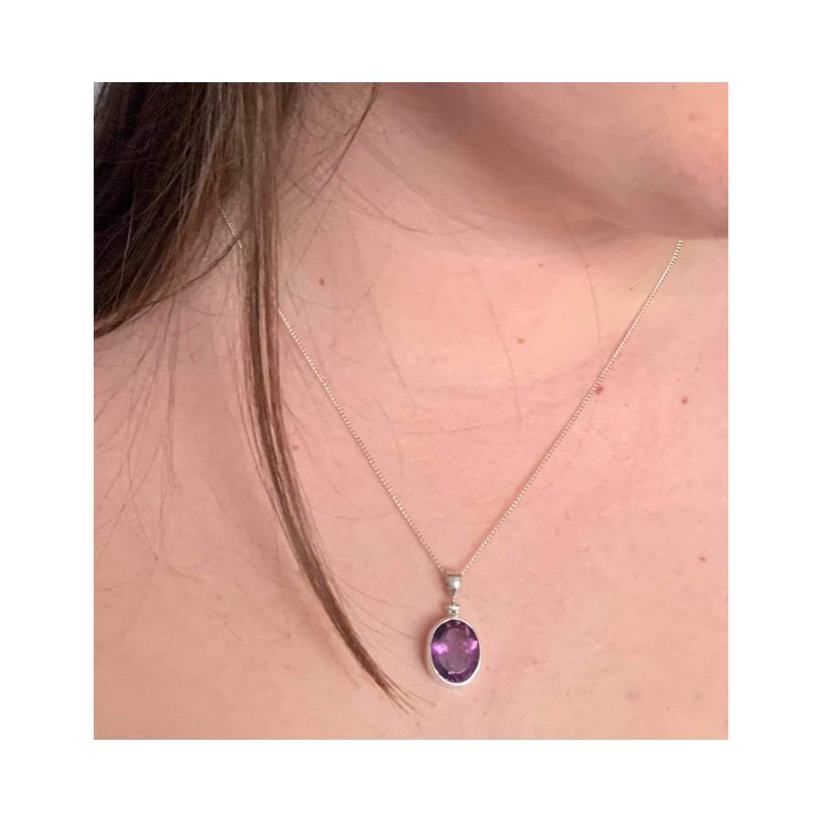 Faceted Amethyst Oval Pendant set in Sterling Silver