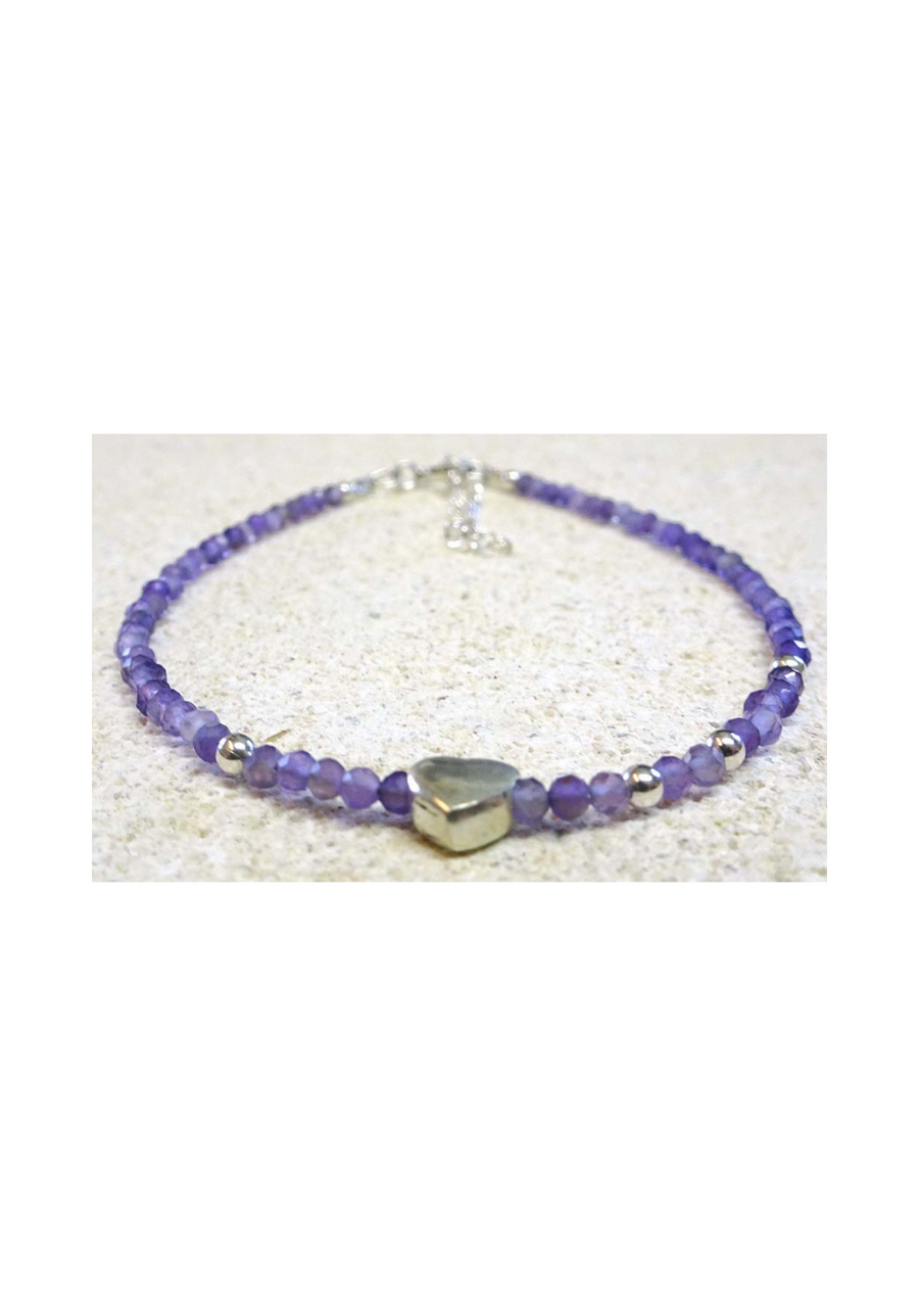 Amethyst and Silver Heart Natural Stone Bracelet