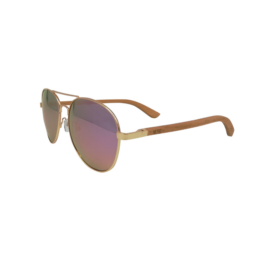 Sunglasses With Wooden Arms Aviator Style with Pink Lens